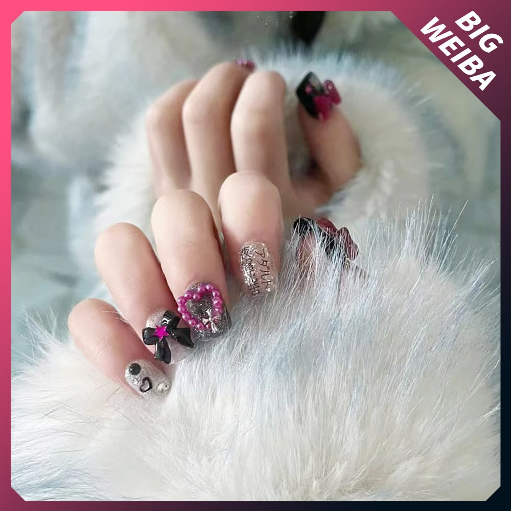 Kawaii Cute Cat Dog Animal Short Pink Purple Nail Slice Bowknot Customizable False Nail Handmade Reusable Nails Sticker Gift