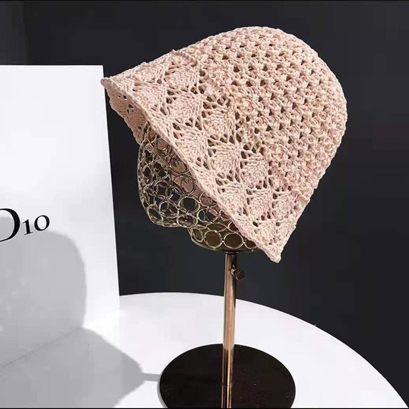 Sunscreen Hat Women's Net Red ins Korean Bucket Hat Hollow out Fisherman Basin Hat Outdoor Knitted Sun Shield Hat 18 55-58CM
