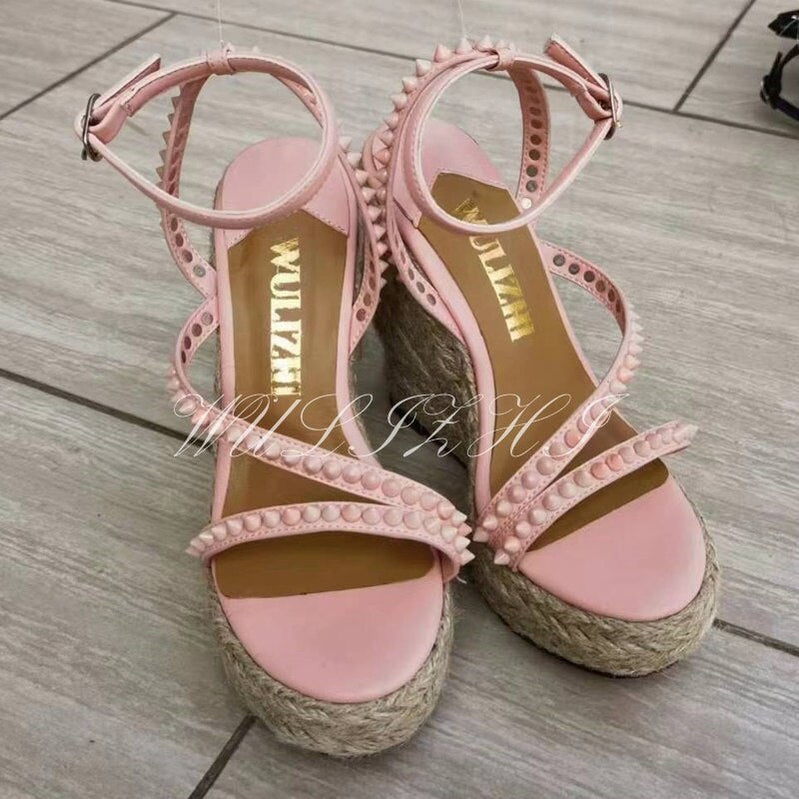 Women&#39;s Candy Color Rivet Design Wedge Sandals Summer Casual Open Slingback Platform Pink Yellow Sandals Cross Wrap Buckle Shoes