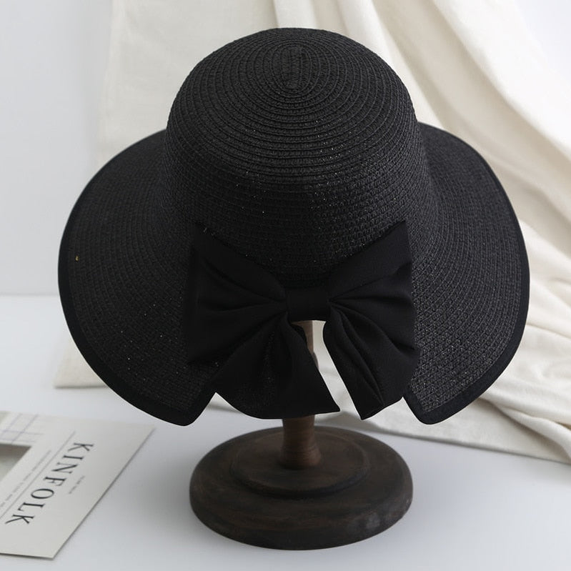 Women's Beach Panama Summer Hat Travel casual bowknot Straw Hat Fashion Beach Holiday ladies sun bucket Hat Black 56-58 cm