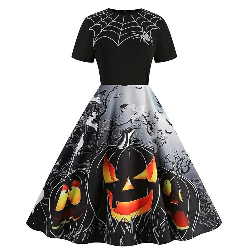 Women Halloween Costumes Dresses Short Sleeve Print Autumn Winter Vintage Party Dress Vestidos 002