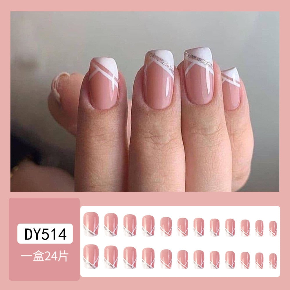 Gradient Fake Nails Press on Nail Diamond Cross Art Long Tips False Forms with Glue Stick Stickers Reusable Set DY514
