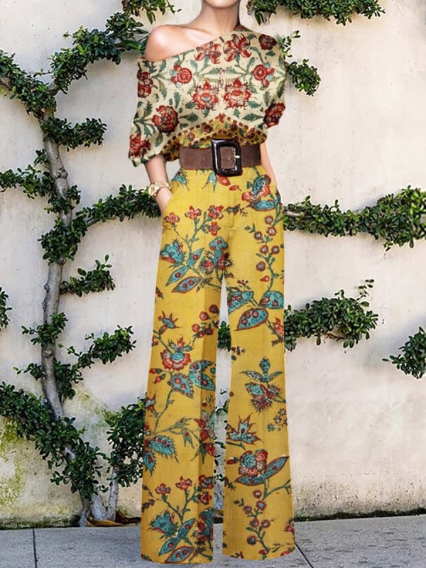 Print Jumpsuit Women Autumn and Spring New Fashion Long Sleeve Lapel Loose Casual Elegance Green Jumpsuits Yellow