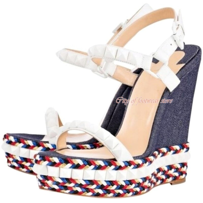 Women's Open Toe Platform Stud Espadrille Wedges Sandals Ankle Strap High Heeled Pump Luxury Designer Summer Beach Shoes Red