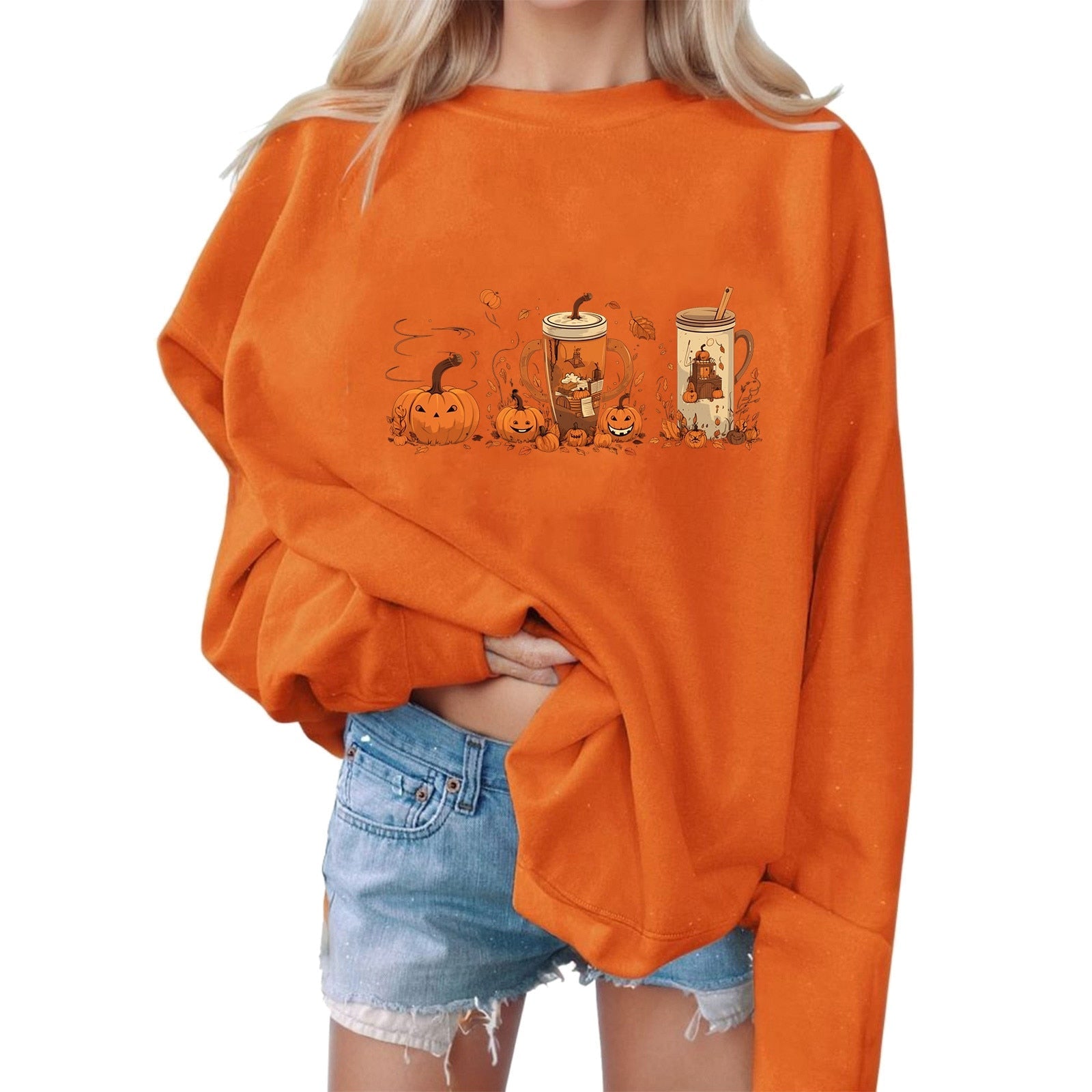 Halloween Pumpkin Print Sweatshirts Round Neck Sweatshirt Harajuku Sweater Pullover Women's Sweatshirt Oversized Orange