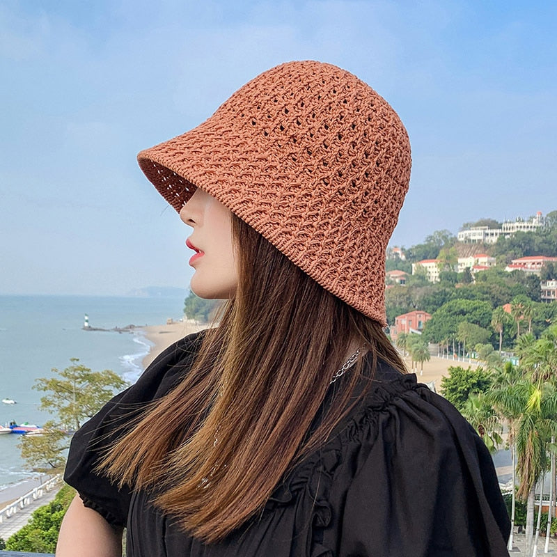 Sunscreen Hat Women's Net Red ins Korean Bucket Hat Hollow out Fisherman Basin Hat Outdoor Knitted Sun Shield Hat 3 55-58CM