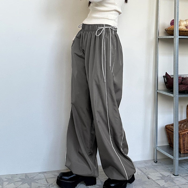 Women Spring Retro Solid Loose Drawstring Trousers Casual Joggers Baggy Wide Leg Sweatpants Mid Waist Sporty Y2k Female Clothes grey