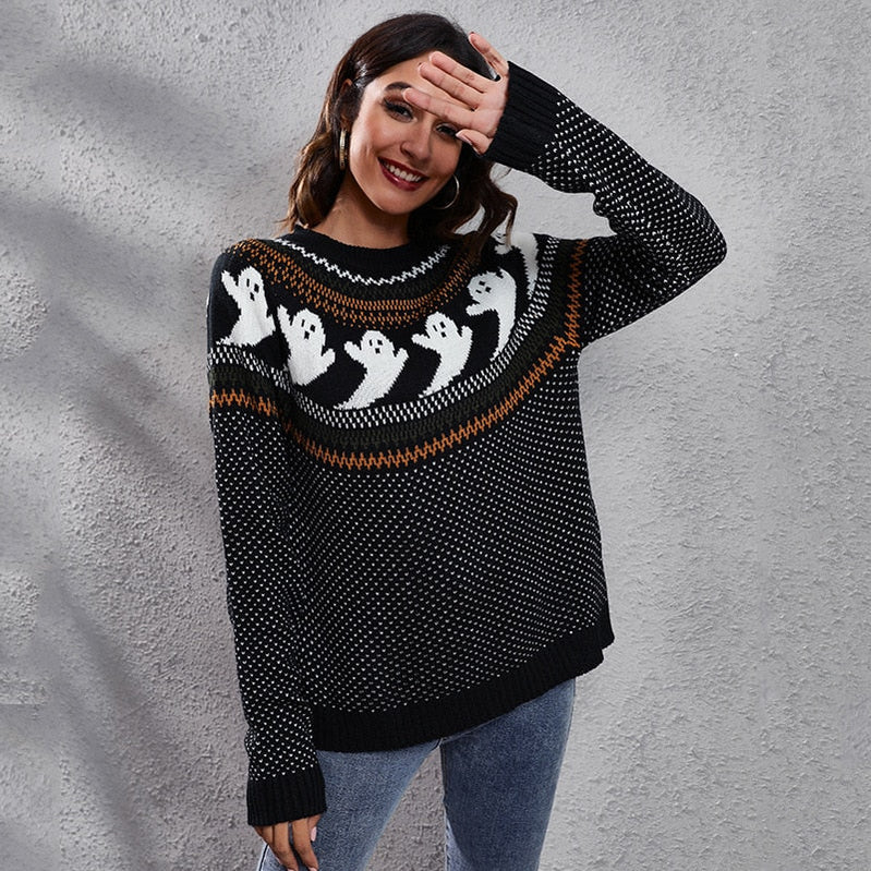 Halloween Ghost Vintage Ladies Sweater Polka Dot Long Sleeve Knitted Pullover Winter Sweater Woman Design Pullovers Knitwears - Basso & Brooke