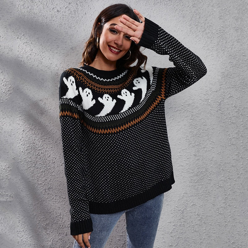 Halloween Ghost Vintage Ladies Sweater Polka Dot Long Sleeve Knitted Pullover Winter Sweater Woman Design Pullovers Knitwears