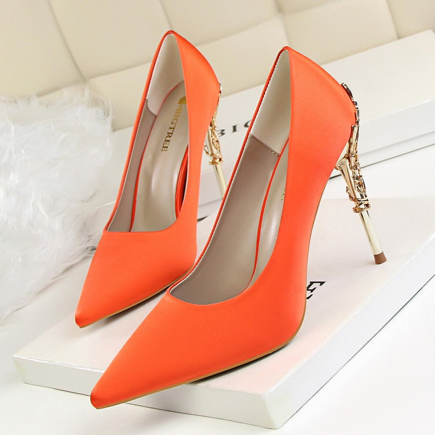 Luxury 10cm High Heels Woman Metal Carving Heels Satin Silk Dress Pumps Lady Wedding Bridal Scarpin Catwalk Green Wine Red Shoes Orange 10cm