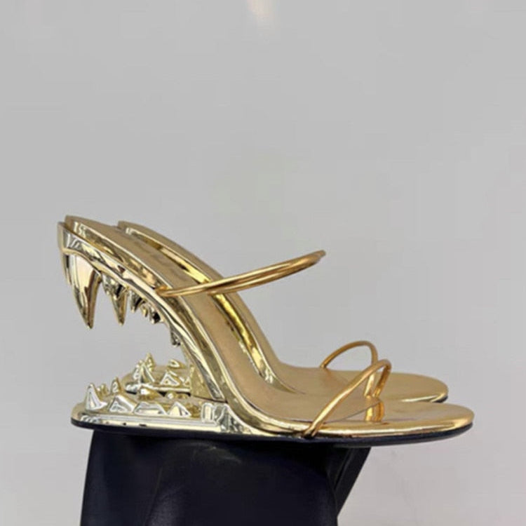 Fashion Metal Teeth Shaped Heel Sandals Round Toe Back Zipper Women's Dress Large Women's Sandals Summer golden 1