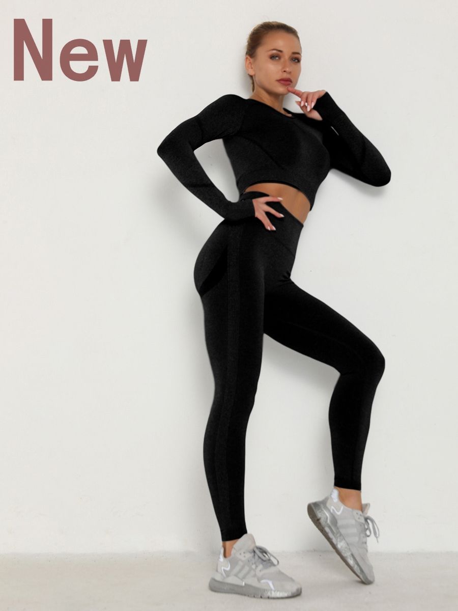 Women's Sets Skinny Tracksuit Breathable Bra Long Sleeve Top Seamless Outfits High Waist Push Up Leggings Gym Clothes Sport Suit New Set Black