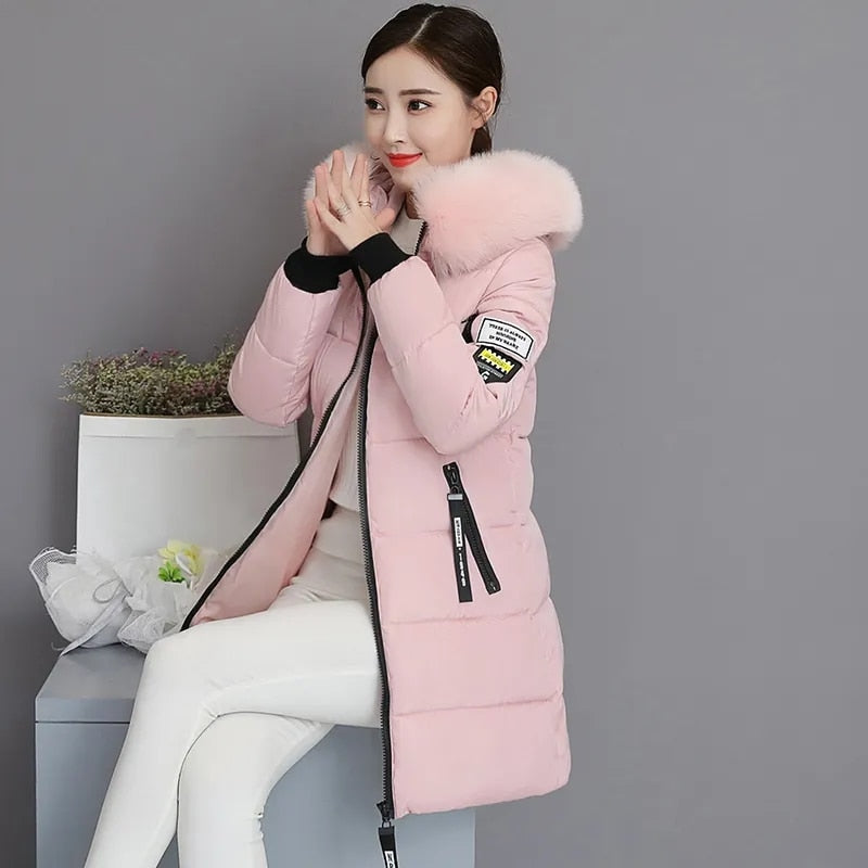Fashion Fur Collar Hooded Down Cotton Coat Womens Winter Parkas Jacket Long Warm Padded Puffer Parkas Snow Wear Outwear Female Pink