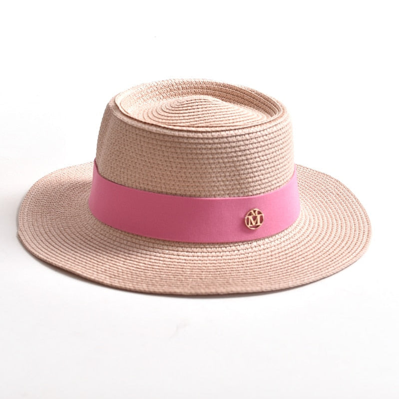 New Summer Straw Sun Hats for Women Ladies Fashion Flat Brim Ribbon Beach Hat Travel Dress Cap chapeau femme Light pink 56-58CM