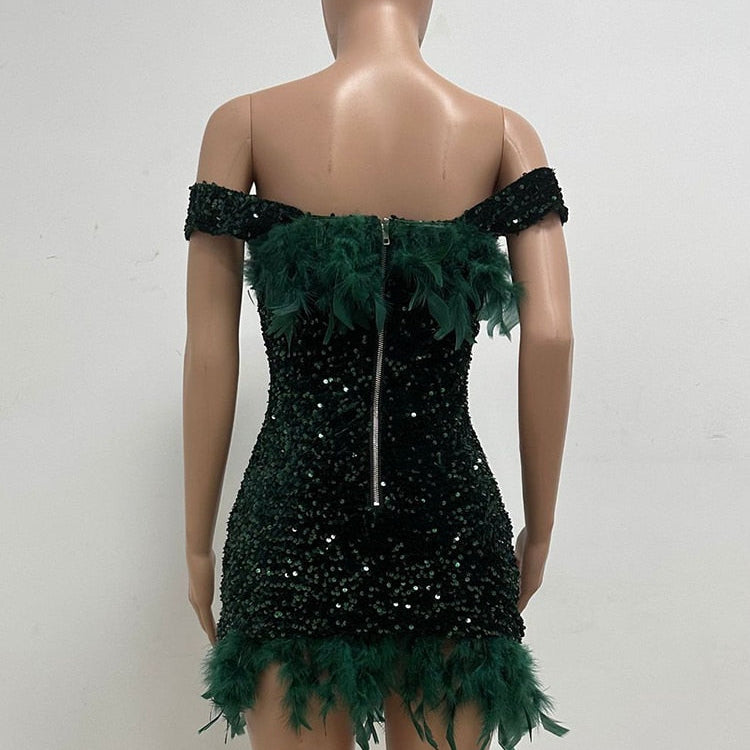 Luxury Feather Evening Mini Prom Sexy Off Shoulder Club Short Bodycon Dress Women Elegant Shiny Sequins Party Vestidos