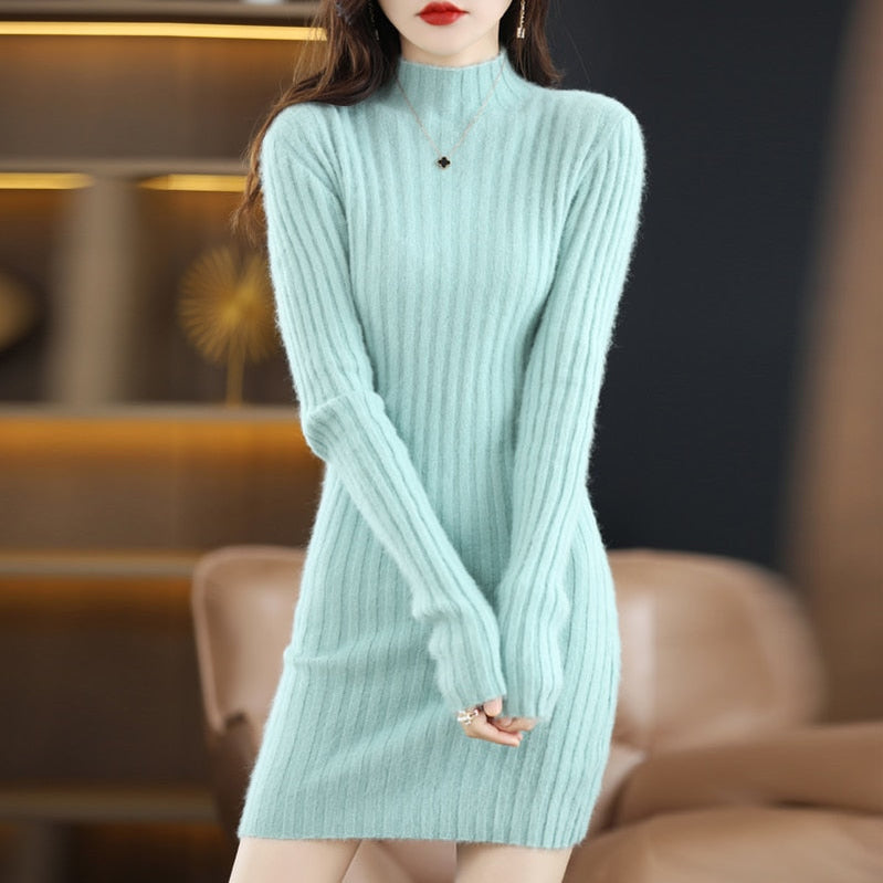 Autumn and Winter Long Women's Sweater 100% Mink Cashmere High Neck Knitted Pullover Korean Fashion Soft Women's Top