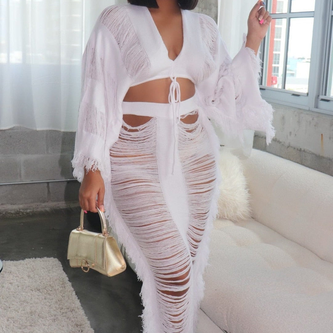 Elegant Hollow Out Hole Tassel 2 Piece Set Women Sexy Lace Up V Neck Crop Top + Long Skirts Skinny Club Party Beach Outfits 2023