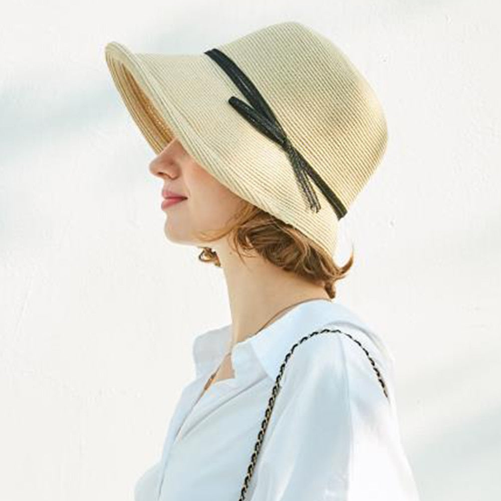 FS French Straw Bonnet Cap for Women Victorian Sun Hats Chin Strap Foldable Summer Accessories Bucket Hat Fedoras For Beach Beige M(55-58CM)