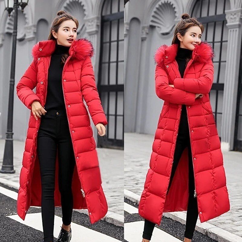 Winter jacket women's warm fashion bow belt fox fur collar coat long dress women's thick coat