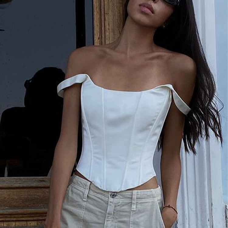 White Backless Bandage Corset Tops Women Sexy Square Neck Satin Bustier Tank Crop Top Elegant Party y2k Clothes