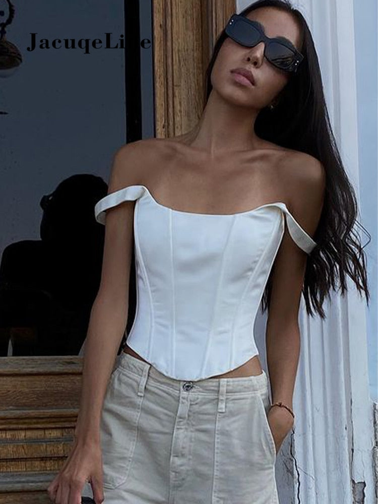 White Backless Bandage Corset Tops Women Sexy Square Neck Satin Bustier Tank Crop Top Elegant Party y2k Clothes