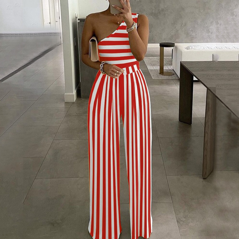 Summer Women Fashion Sexy One Shoulder Club Romper Bodysuit Elegant Wide Leg Jumpsuit Office Lady Casual Ovealls red stripes