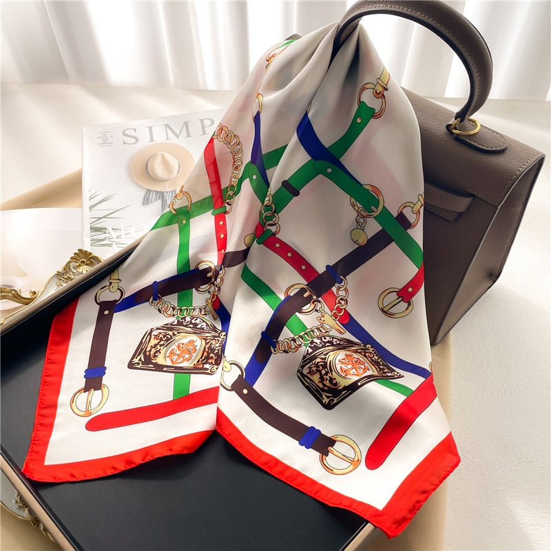 Luxury Print Satin Silk Square Scarf for Women Shawl Hijab Neckerchief Female Hair Ribbon Headband Fashion Wrap Bandana New FJ676-3