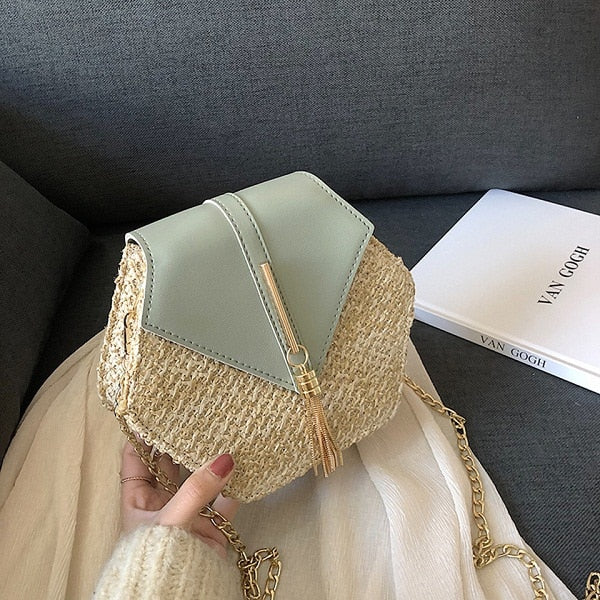 Summer Straw Handbag Wooden Handle Large Capacity Paper Rope Woven Straw Bag New Fashion Summer Vacation Travel Beach Bag green 19