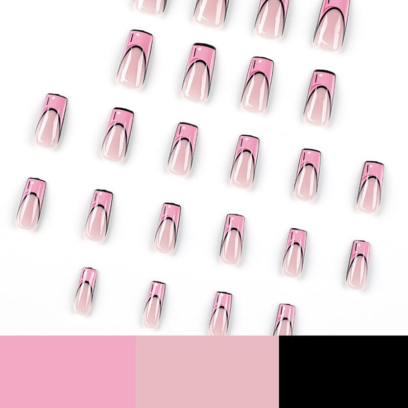 Pink Doodle French Wearable Nail Art Cartoon Style Design Fake Nails Detachable Finished False Nails Press on Nails with Glue