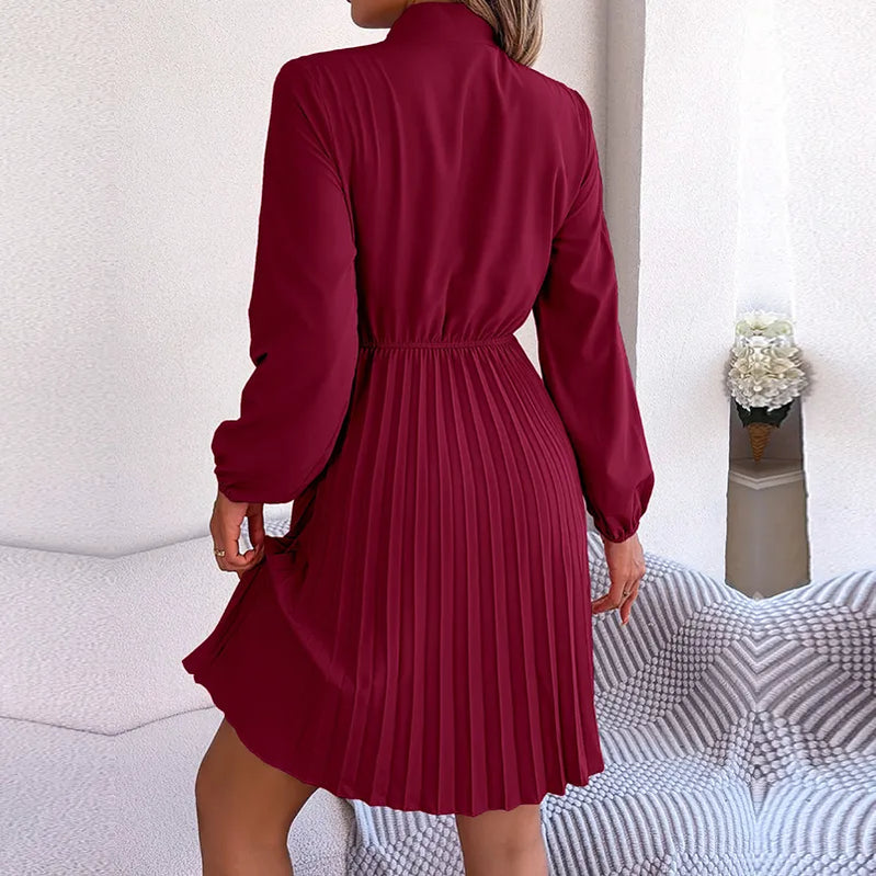 Women's Autumn Winter Temperament Lace Up Solid Color High Waist Long Sleeve Pleated Dress