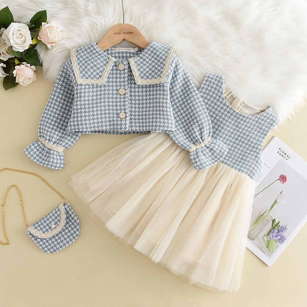 Leader Fashion Kids Girls Princess 2pcs Clothes Set Autumn Winter Children Coat Outwear+Skirts Vintage Outfits Suit 2-12Y AX2394blue