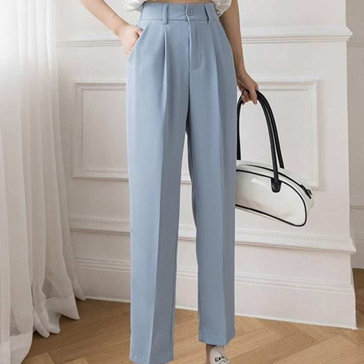 Fall Outfits Women Korean Style Casual High Waist Office Ladies Elegant Pants Black Straight Suit Pants Trousers Y2k Streetwear Sky Blue
