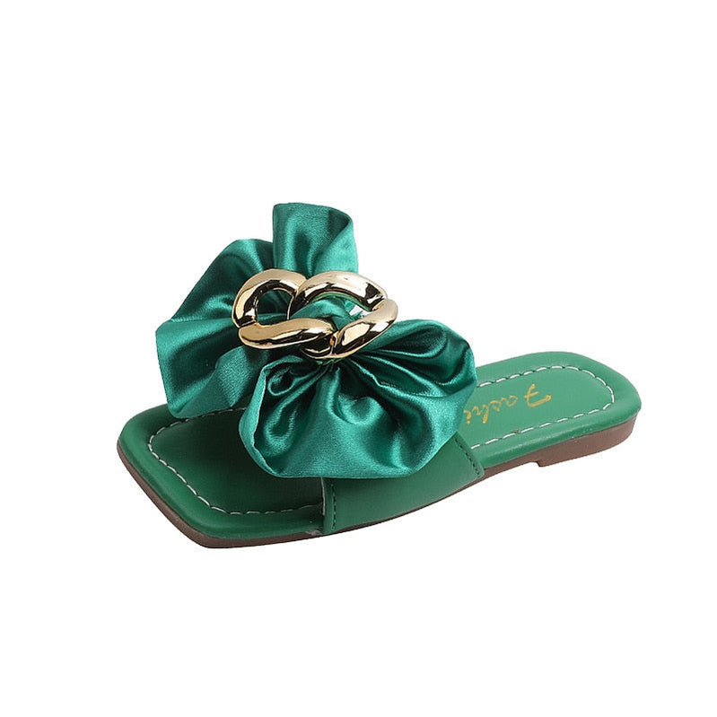 Girls Satin Bow Kids Versatile Slippers Summer New Green Simple Korean Kids Fashion Flat-bottomed Flip-flops Beach Shoes