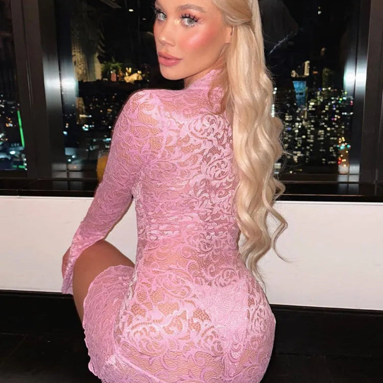 Sexy See Through V-neck Longsleeve Lace Mini Dress Women Summer Skinny Hollow Out Dresses Club Party Clothes