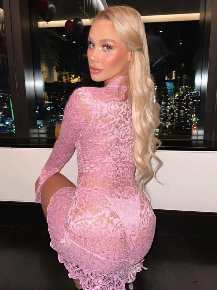 Sexy See Through V-neck Longsleeve Lace Mini Dress Women Summer Skinny Hollow Out Dresses Club Party Clothes