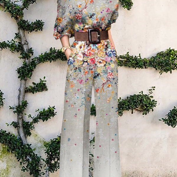 Print Jumpsuit Women Autumn and Spring New Fashion Long Sleeve Lapel Loose Casual Elegance Green Jumpsuits Print 2 (No Belt)