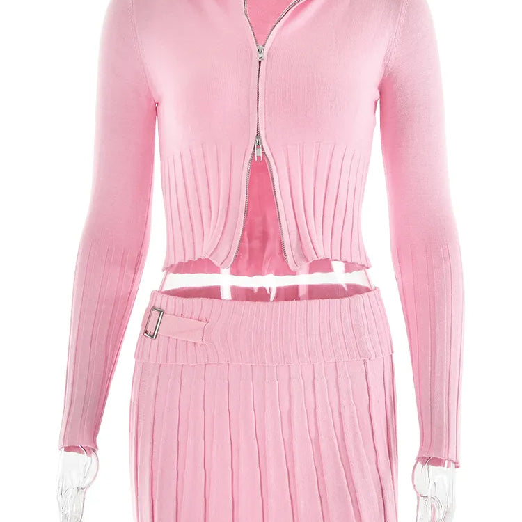 Fantoye Knit Sweater Two Piece Sets Women Tracksuit Long Sleeve Double Zipper Skirt Suit Female Solid Casual Knit Sweatshirt Set