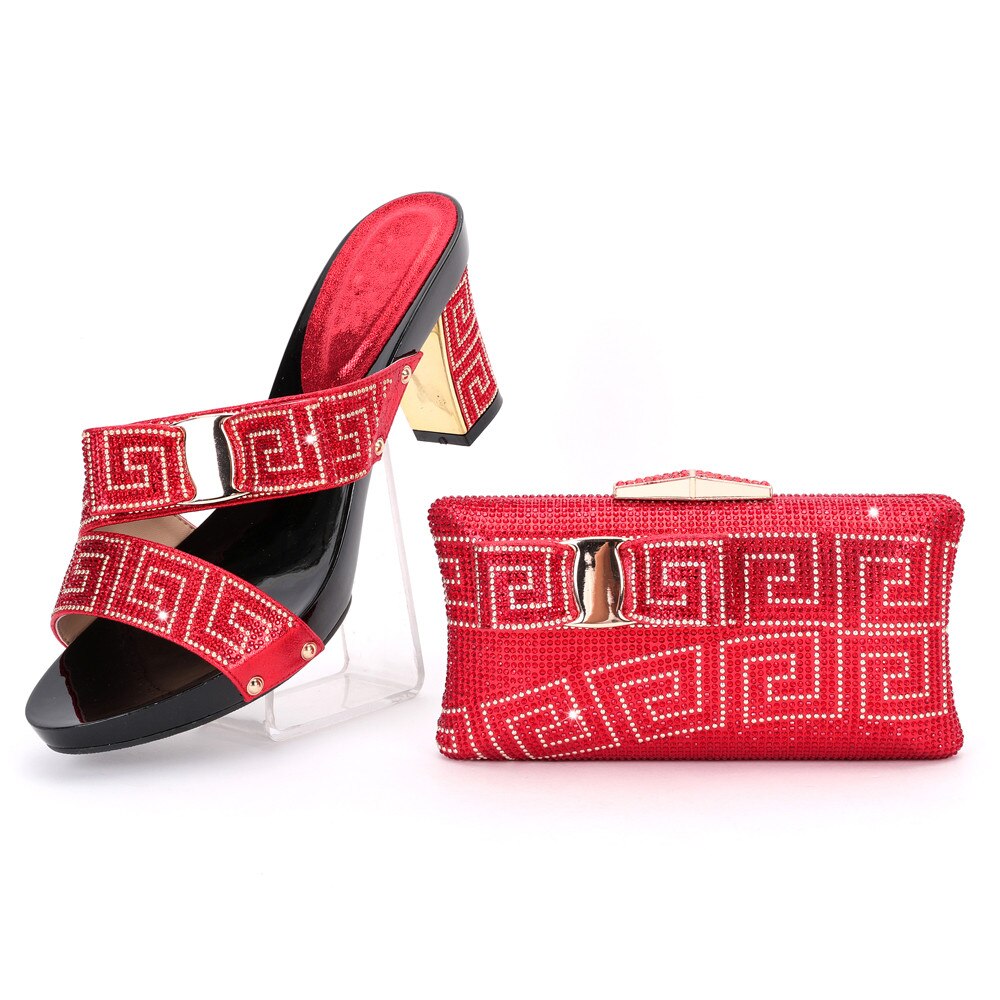 New Arrival Elegant Rhinestone Slipper Woman Shoes And Purse Set Italian Style Square Heels Shoes And Bag Set For Party Red