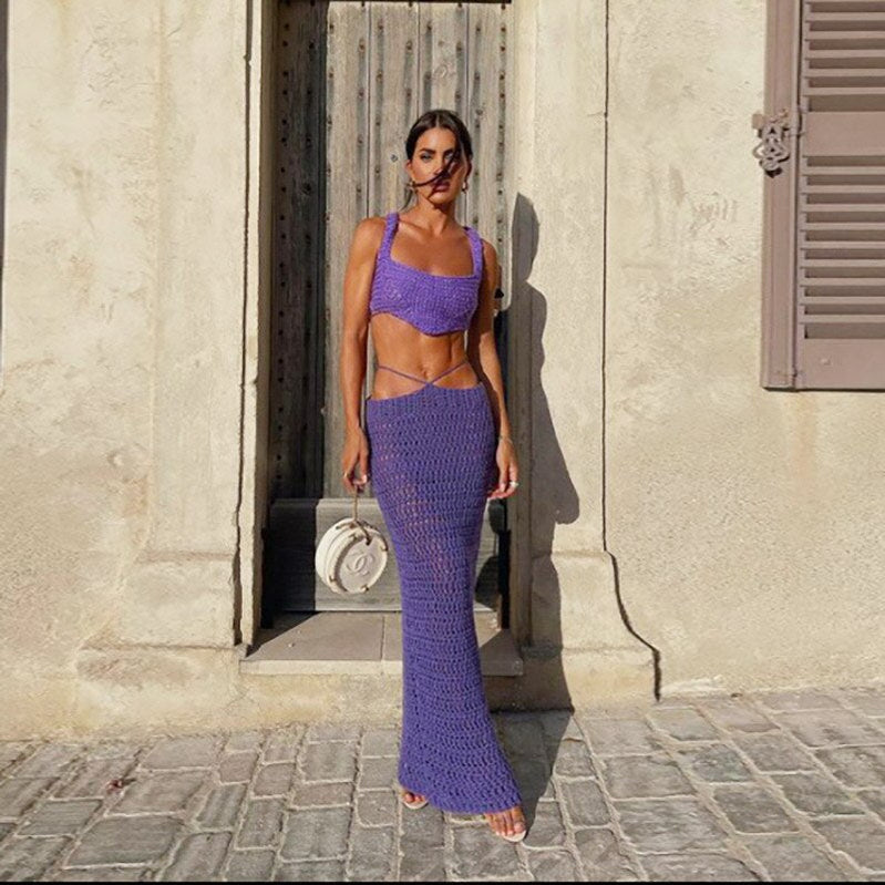 Two Piece Sets Summer Crop Top Maxi Skirt 2pcs Set Women High Street Elegant Party Outfit Sexy Knit Backless Tops Bodycon Skirt Lavender Spain