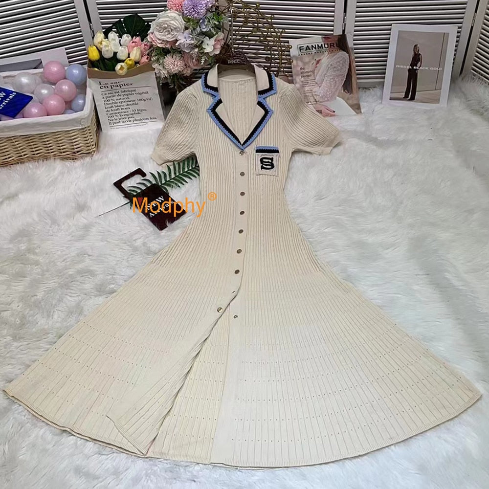 Modphy Elegant Slim Knitted Long Dress Women's Single breasted Long sleeved Designer Slim Vintage Dresses Autumn Apricot Short Sleeve