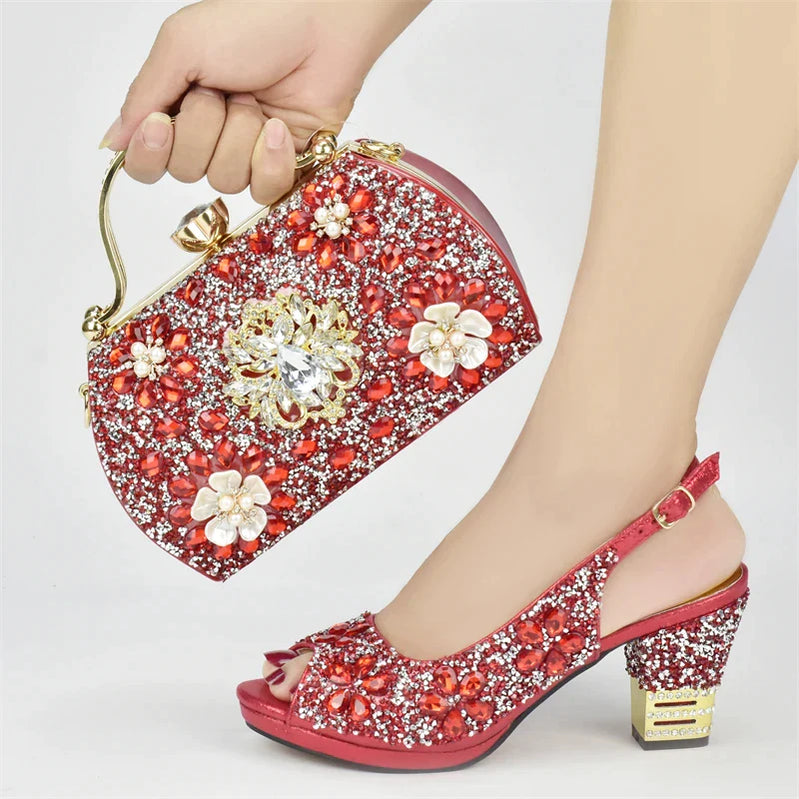 Nigerian Party Shoes with Bag Set Decorated with Rhinestone Shoes for Women Designer Luxury Wedding Shoes Bride Red