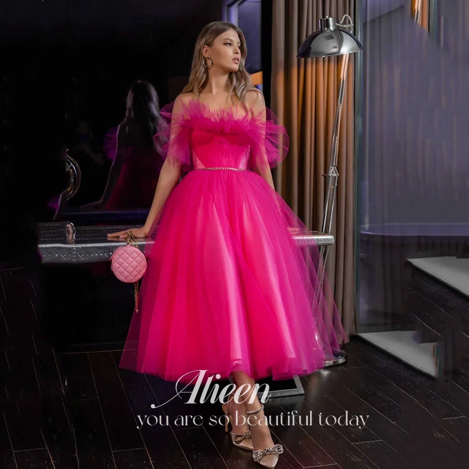 Bright Fuchsia Ruffles Tulle Homecoming Dresses Tea length Short Hoco Prom Dress A-Line Vestidos De Gala Party Gowns