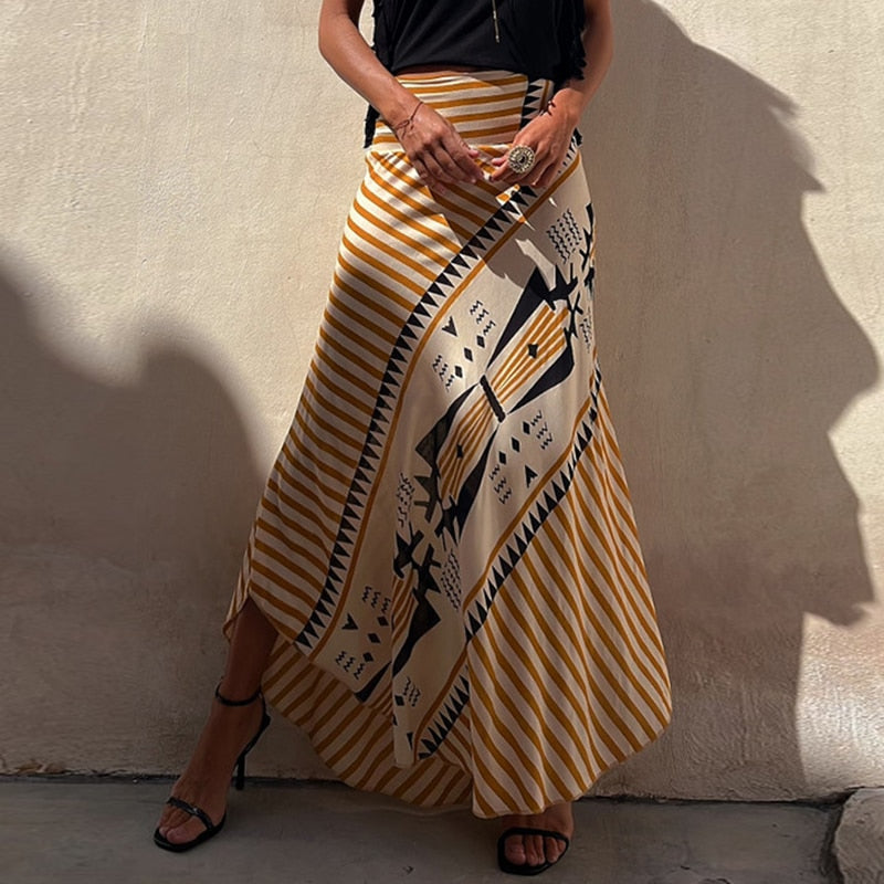 Boho Retro Patchwork Print Skirt Women Summer High Waist A-Line Elastic Long Skirts Casual Holiday Beach Skirt 01 Yellow Print