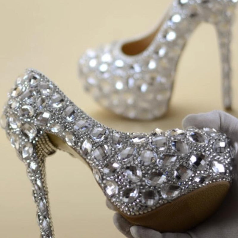 Women Rhinestones Pumps Shoes Super Flash Crystal Chaton Wedding Shoes White Bride Shoes Show Diamond High-heeled Shoes