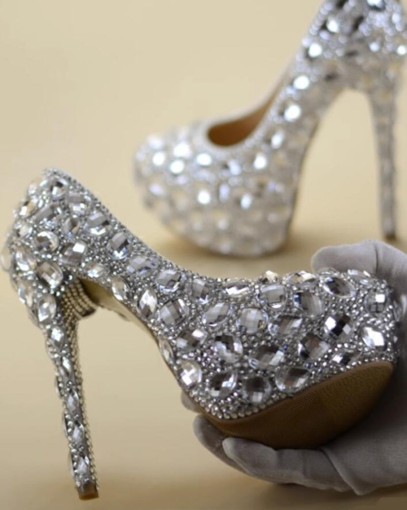 Women Rhinestones Pumps Shoes Super Flash Crystal Chaton Wedding Shoes White Bride Shoes Show Diamond High-heeled Shoes