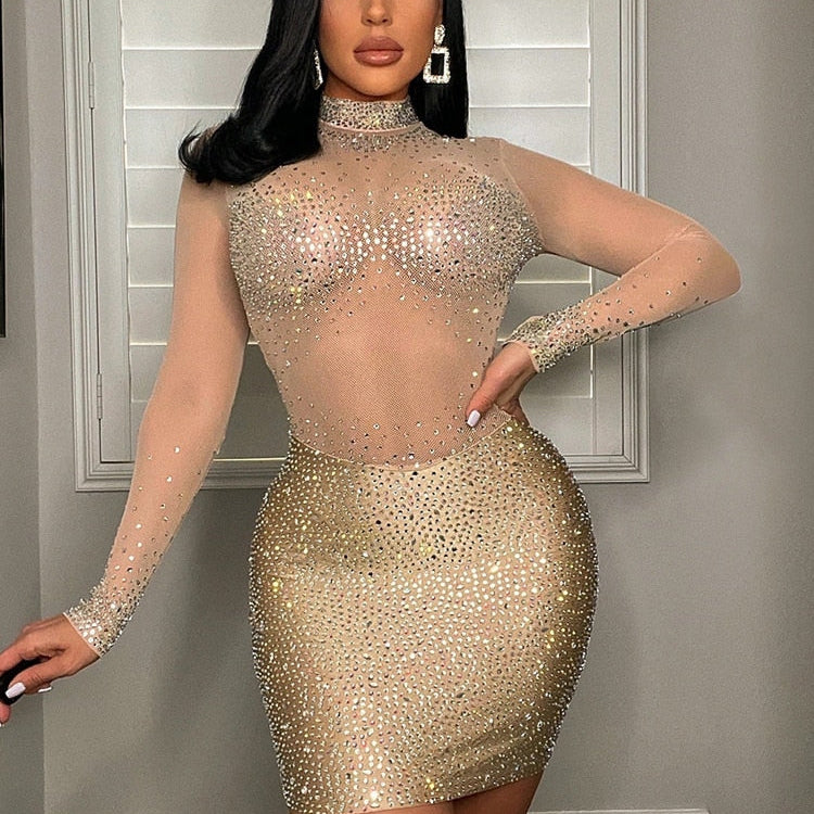 Sexy Mesh Crystal Patchwork Sheer Mini Dress New Elegant Women Long Sleeve Bodycon Dress Night Clubwear Outfits