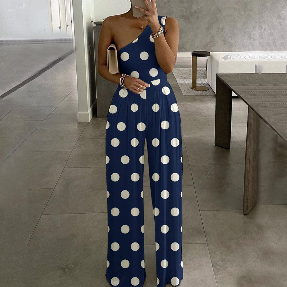Summer Women Fashion Sexy One Shoulder Club Romper Bodysuit Elegant Wide Leg Jumpsuit Office Lady Casual Ovealls Big wave point