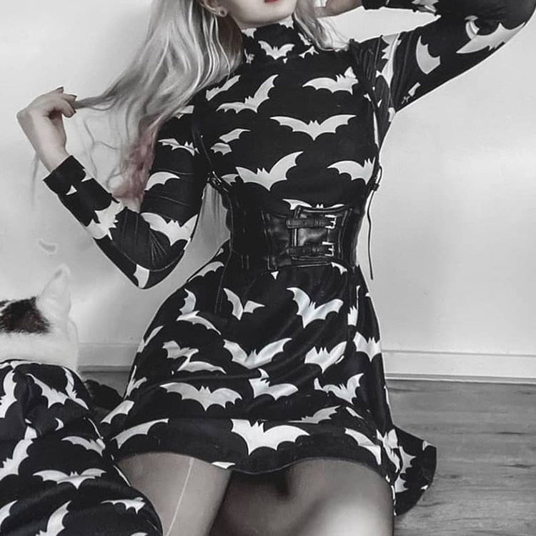 Gothic Black Bat Printed Dress Tutleneck for Women Long Sleeve Spring Fall Punk Vestidos Party Outfits Soft Clothes Black