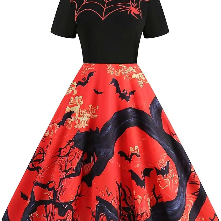 Women Halloween Costumes Dresses Short Sleeve Print Autumn Winter Vintage Party Dress Vestidos