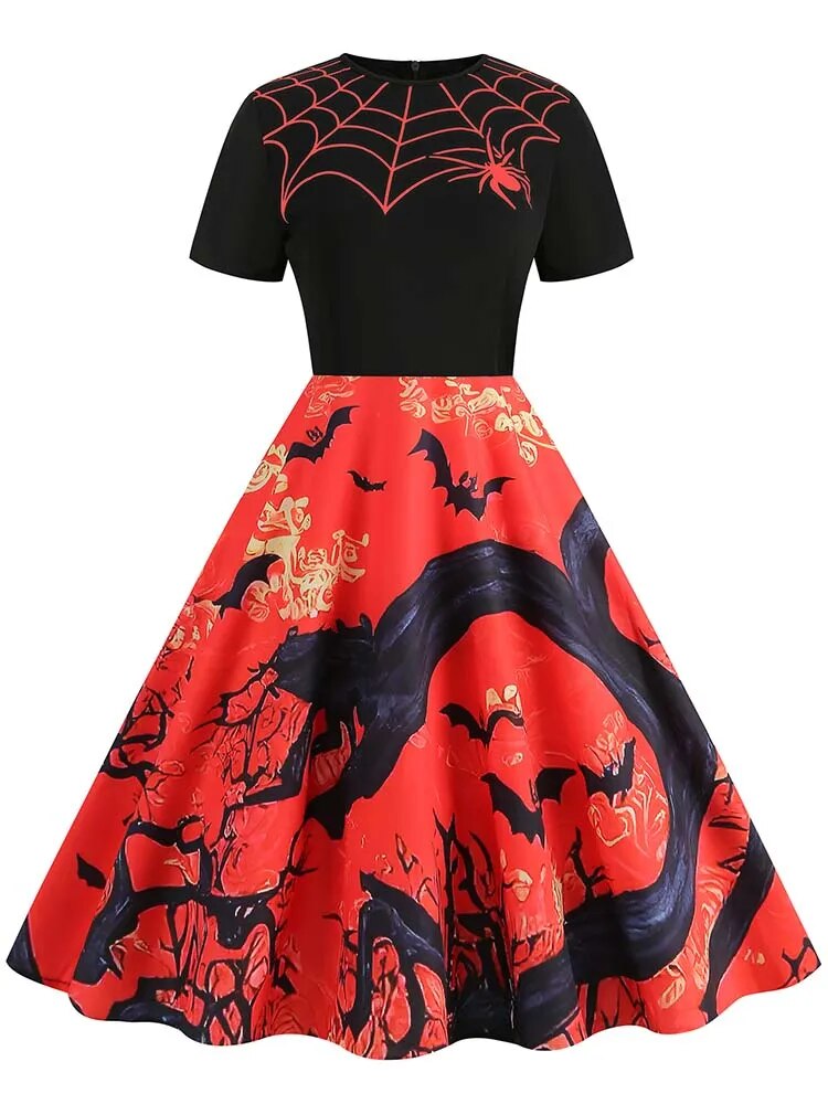 Women Halloween Costumes Dresses Short Sleeve Print Autumn Winter Vintage Party Dress Vestidos
